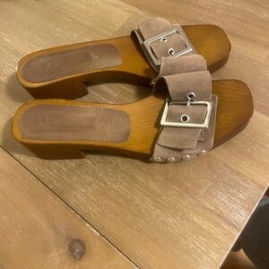 Anthropologie Tan Suede Mules with Silver Buckle